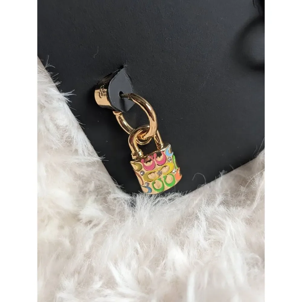 COACH Signature Rainbow Quilted Lock & Key Huggie Hoop Earrings